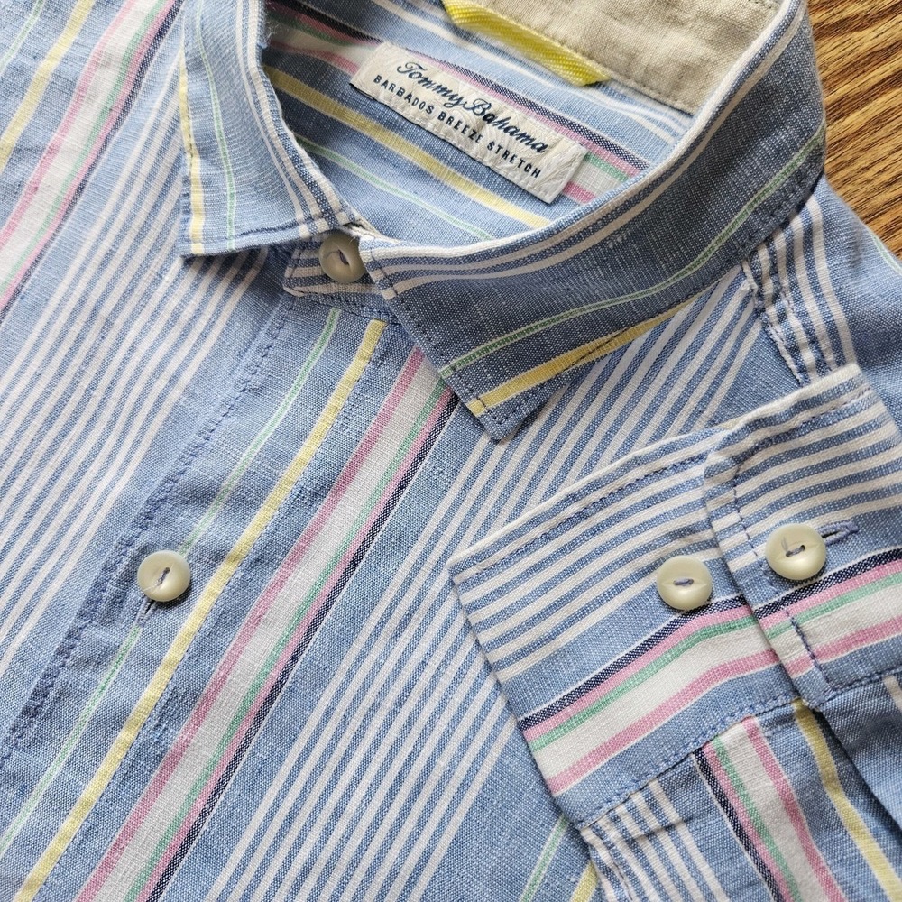 Tommy Bahama M Linen Long Sleeve Stripe Button Shirt Blue Yellow Pastel Barbatos